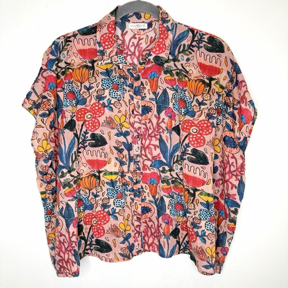 Natural Life Kelly Oversized Boxy Top Womens OS Pink Floral Print Button Up Boho